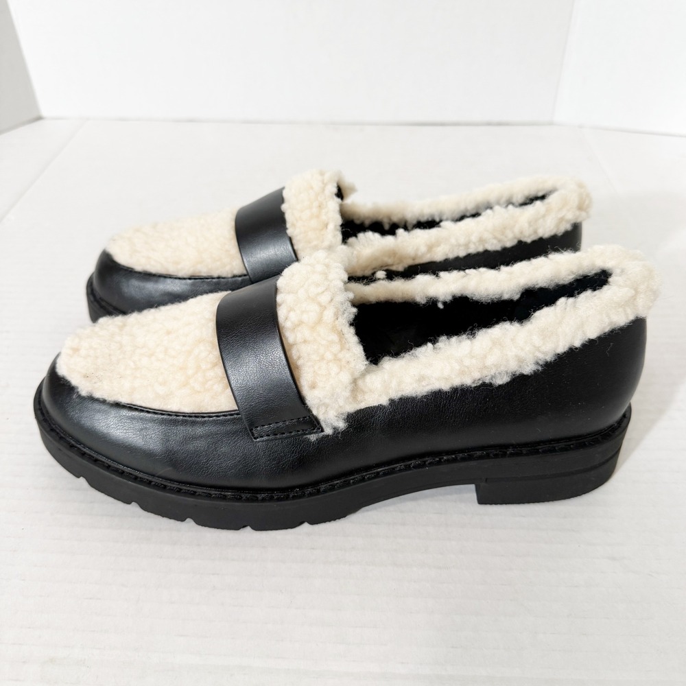 JustFab Leli Womens Black Cream Sherpa Chunky Platform Lug Sole Loafer Size 8 - Picture 2 of 8